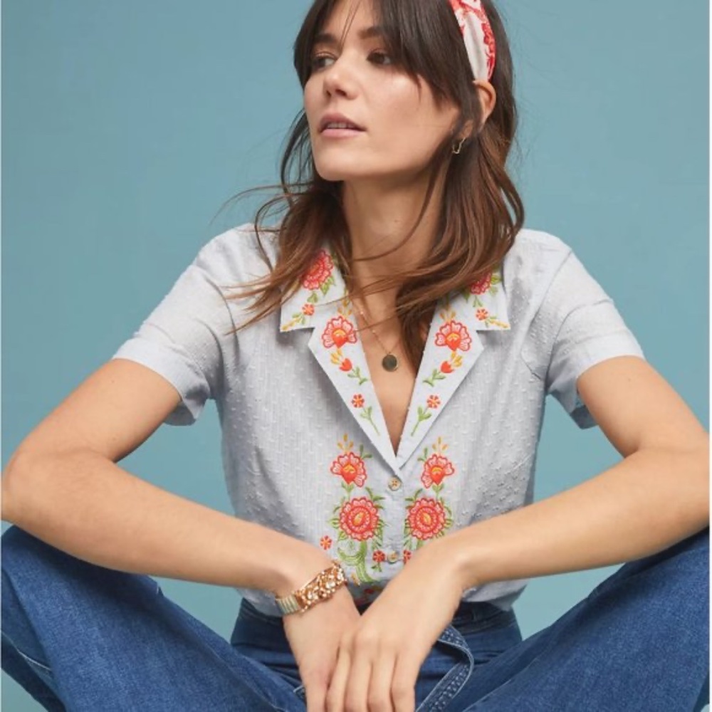 Maeve Anthropologie short sleeve blue orange floral embroidered button up shirt